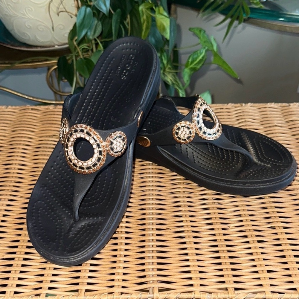 CROCS size 8 Black Sandals with Gold Metallic Accents EUC